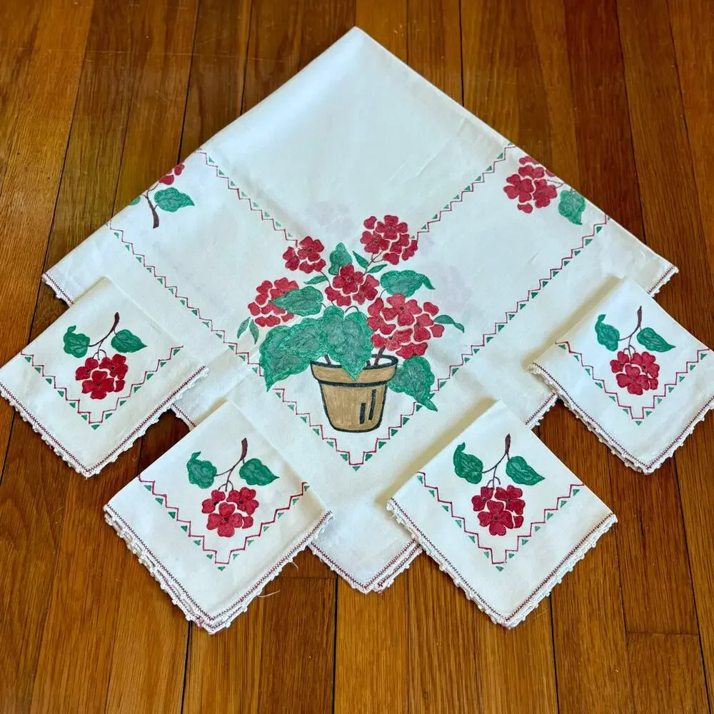 Vintage Hand Painted Tablecloth Napkin Set Red Flowers Cottage Style